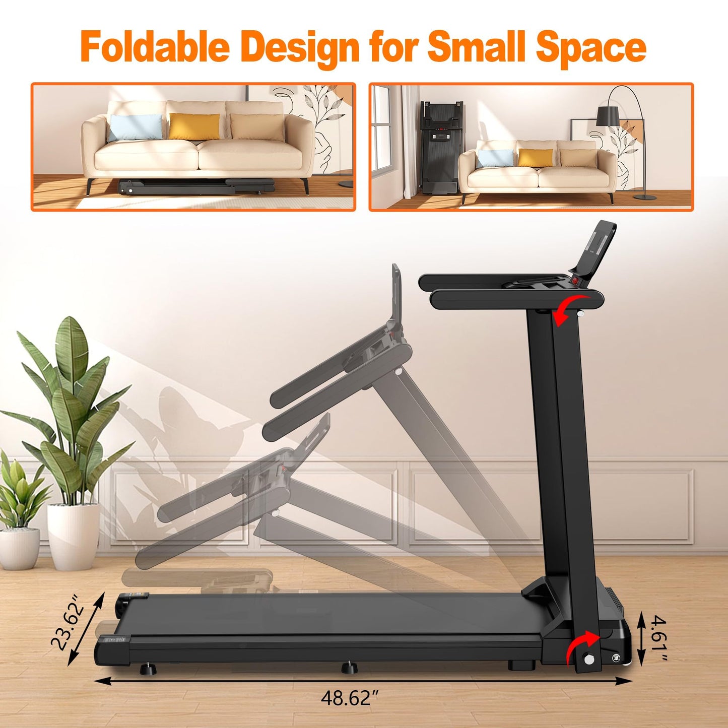 Quiet Folding 2.5 HP Treadmill With LED Display, Cup Holder And Safety Key
